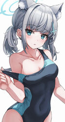  animal_ear_fluff animal_ears areola_slip blue_archive blue_eyes blush breasts cleavage collarbone cross_hair_ornament earrings extra_ears female hair_ornament halo highres jewelry mismatched_pupils off_shoulder official_alternate_costume one-piece_swimsuit ripnte shiroko_(blue_archive) shiroko_(swimsuit)_(blue_archive) short_ponytail simple_background solo swimsuit white_background wolf_ears 