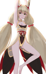  :o animal_ears backlighting bare_arms bare_legs breasts chest_jewel chirun0 feet feet_out_of_frame female highleg highleg_leotard highres leotard long_hair low_twintails nia_(blade)_(xenoblade) nia_(xenoblade) simple_background small_breasts solo spoilers twintails very_long_hair white_background xenoblade_chronicles_(series) xenoblade_chronicles_2 yellow_eyes 