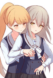  2girls bad_id bad_twitter_id grey_hair highres hug hug_from_behind kirari_hikaru kureha_yuna long_hair magia_record:_mahou_shoujo_madoka_magica_gaiden mahou_shoujo_madoka_magica multiple_girls orange_eyes orange_hair ponytail ribbon school_uniform suzugahama torayamachi_academy_school_uniform white_background yellow_eyes yuri 