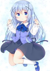  :o black_ribbon black_skirt blue_bow blue_eyes blue_footwear blue_hair blue_vest blush bow collared_shirt commentary esureki female floral_background full_body gochuumon_wa_usagi_desu_ka? hair_between_eyes hair_ornament hands_up highres kafuu_chino kneehighs long_hair long_sleeves looking_at_viewer mary_janes parted_lips rabbit_house_uniform ribbon shirt shoes skirt socks solo uniform very_long_hair vest waitress white_shirt white_socks x_hair_ornament 