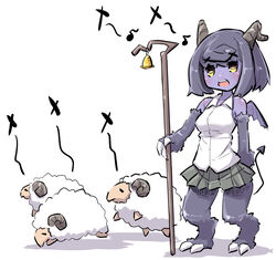  :d animal bad_id bad_pixiv_id bare_shoulders bell blush breasts collared_shirt colored_skin curled_horns demon_girl demon_horns demon_tail demon_wings eighth_note female grey_hair grey_skirt holding horns looking_away mini_wings monster_girl musical_note open_mouth original pleated_skirt purple_skin purple_wings shadow sharp_teeth sheep shirt skirt sleeveless sleeveless_shirt small_breasts smile solo standing tail teeth u-non_(annon&#039;an) white_background white_shirt wings yellow_eyes 