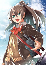  akane_harurou blazer blue_eyes bow bowtie brown_hair brown_jacket brown_skirt cloud day female frilled_skirt frills hair_between_eyes headgear jacket kantai_collection kumano_(kancolle) long_hair long_sleeves open_mouth outdoors ponytail red_bow red_bowtie rigging skirt sky solo sweater_vest 