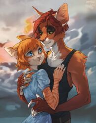  2019 anthro anthro_on_anthro blue_eyes claws clothed clothing cloud cloudy_(disambiguation) cloudy_sky collar day detailed_background digital_media_(artwork) domestic_cat duo eye_contact felid feline felis female fur green_eyes hair iskra konrad_zengel looking_at_another male male/female mammal multicolored_body multicolored_fur okithau orange_body orange_fur orange_hair outside pink_nose romantic romantic_ambiance romantic_couple shaded short_sleeves sky striped_body striped_fur stripes two_tone_body two_tone_fur vera_(iskra) 