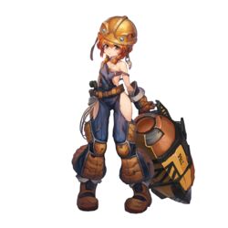  bags_under_eyes belt boots braid breasts construction_worker drill dutch_girl_(last_origin) female full_body game_cg hard_hat helmet highres hip_vent last_origin looking_at_viewer official_art orange_eyes orange_hair overalls paintale sideless_outfit small_breasts solo tachi-e tool_belt tools transparent_background twin_braids work_boots 