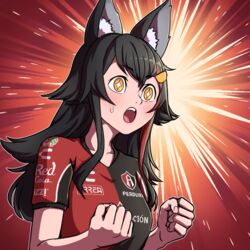  :o alternate_costume animal_ears atlas_fc black_hair blush breasts clenched_hands commentary emphasis_lines excited female hair_ornament hands_up hololive liga_mx long_hair looking_to_the_side medium_breasts mefomefo multicolored_hair ookami_mio open_mouth shirt short_sleeves sidelocks soccer_uniform solo spanish_commentary sparkling_eyes sportswear streaked_hair sweatdrop t-shirt teeth upper_body upper_teeth_only virtual_youtuber wolf_ears wolf_girl yellow_eyes 