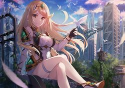  .com_(bot_com1) bare_legs bare_shoulders blonde_hair breasts chest_jewel cleavage cleavage_cutout clothing_cutout dress earrings elbow_gloves female gloves jewelry large_breasts long_hair mythra_(xenoblade) outdoors short_dress swept_bangs thigh_strap tiara very_long_hair white_dress white_gloves xenoblade_chronicles_(series) xenoblade_chronicles_2 yellow_eyes 