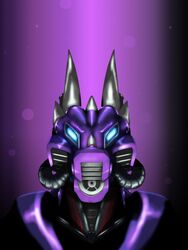  3:4 anthro armor blue_eyes clothing dizrahk_(artist) dragon filter gas_mask headgear headshot_portrait helmet hi_res horn latex machine male mask mythological_creature mythological_scalie mythology portrait purple_body scalie solo spikes suit synthetic tube 