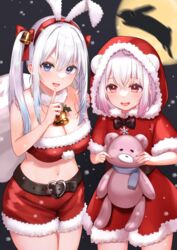  2girls animal_ears aoi_yuna bad_id bad_pixiv_id bell belt black_belt black_bow black_bowtie blue_eyes blue_hair bow bowtie breasts christmas cleavage fake_animal_ears full_moon hair_bell hair_ornament hairband highres holding holding_stuffed_toy large_breasts long_hair merry_christmas midriff momoi_mei moon multicolored_hair multiple_girls navel neck_bell open_mouth pink_hair rabbit rabbit_ears re-ply red_eyes red_hairband red_hood santa_costume short_hair smile snow stuffed_animal stuffed_toy teddy_bear thighs two-tone_hair virtual_youtuber white_hair yamamura_umi 