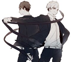  2boys back belt black_jacket black_necktie black_pants brothers collared_shirt dress_shirt formal from_behind haikyuu!! highres jacket long_sleeves looking_at_viewer male_focus miya_atsumu miya_osamu multiple_boys necktie pants shirt short_hair siblings simple_background smile suit twins unworn_necktie white_background white_shirt yasai_(getsu) 