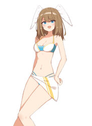  bikini blue_eyes breasts brown_hair chirun0 contrapposto eunie_(xenoblade) feet_out_of_frame female halterneck hand_on_own_hip head_wings highres looking_at_viewer medium_breasts medium_hair multi-strapped_bikini_bottom multicolored_bikini multicolored_clothes navel official_alternate_costume open_mouth sarong solo swimsuit white_background white_sarong white_wings wings xenoblade_chronicles_(series) xenoblade_chronicles_3 