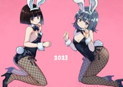  2023 2girls akemiho_tabi_nikki animal_ears bare_shoulders black_bow black_bowtie black_footwear black_hair black_leotard black_pantyhose blue_eyes blue_hair blunt_bangs blush bob_cut bow bowtie breasts brown_eyes chinese_zodiac cleavage collar commentary_request curled_fingers dated detached_collar fake_animal_ears fake_tail fishnet_pantyhose fishnets from_side fukube_tamaki funa_fukube gendai_ninjakko_zukan hair_between_eyes hairband hand_on_own_face hands_up high_heels highres kneeling kouno_hikaru leotard looking_at_viewer looking_to_the_side multiple_girls new_year original pantyhose pink_background playboy_bunny rabbit_ears rabbit_tail shoes short_hair simple_background sleeveless small_breasts strapless strapless_leotard tail white_collar white_hairband wrist_cuffs year_of_the_rabbit 