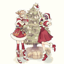  2girls :d ^_^ ankle_boots arm_up asa_(asa_410st) bad_id bad_twitter_id beige_background bell black-framed_eyewear blue_ribbon blush boots bow capelet cellphone christmas christmas_ornaments christmas_present christmas_tree clenched_hand closed_eyes commentary_request daiba_nana dated detached_sleeves dress facing_another flower frilled_sleeves frills full_body fur-trimmed_capelet fur-trimmed_dress fur-trimmed_footwear fur-trimmed_gloves fur-trimmed_headwear fur_trim gift glasses gloves green_eyes green_ribbons hair_bell hair_ornament hair_over_shoulder hairbow hand_up hands_up hat holding holding_phone hoshimi_junna leg_up leg_warmers light_brown_hair long_hair looking_at_object looking_up multicolored_ribbon multiple_girls official_alternate_costume open_mouth outstretched_arm phone pom_pom_(clothes) pom_pom_hair_ornament purple_hair reaching red_bow red_capelet red_dress red_flower red_footwear red_gloves red_headwear red_legwear ribbon santa_costume santa_hat shoes short_hair short_sleeves short_twintails shoujo_kageki_revue_starlight shoujo_kageki_revue_starlight_-re_live- simple_background smartphone smile standing standing_on_one_leg star_(symbol) striped striped_ribbon swept_bangs taking_picture thighhighs twintails twitter_username white_bow yellow_ribbon 