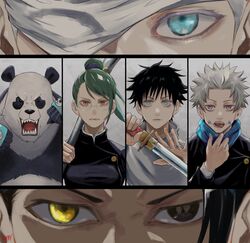  0da7rizm 4boys animal bandage_over_one_eye black_eyes black_hair black_jacket blue_eyes blue_scarf brown_eyes closed_mouth facial_tattoo female getou_suguru glasses gojou_satoru green_hair grey_hair hand_up heterochromia high_ponytail highres holding holding_polearm holding_sword holding_weapon inumaki_toge jacket jewelry jujutsu_kaisen katana long_hair multiple_boys okkotsu_yuuta one_eye_covered open_mouth panda panda_(jujutsu_kaisen) polearm purple_eyes ring scarf short_hair swept_bangs sword tattoo teeth weapon white_jacket yellow_eyes zen&#039;in_maki 