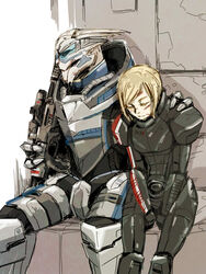  1boy alien alternate_hair_color animification armor blonde_hair blood blood_on_face closed_eyes commander_shepard commander_shepard_(female) commentary_request cuts female garrus_vakarian gun hand_on_another&#039;s_shoulder holding holding_gun holding_weapon hugo_(coconomi) injury interspecies mass_effect_(series) mass_effect_3 monocle n7_armor n7_valiant open_mouth rifle science_fiction short_hair sniper_rifle straight turian weapon 