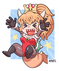  &gt;_&lt; :d alternate_costume artist_name ayyk92 bare_shoulders black_footwear black_gloves black_pantyhose blue_background blush_stickers boots border bowsette breasts breasts_apart brooch chibi christmas closed_eyes collar detached_sleeves dragon_girl dragon_tail emphasis_lines english_commentary facing_viewer female full_body fur_trim gloves high_ponytail horns jewelry knee_boots leotard long_hair mario_(series) medium_breasts new_super_mario_bros._u_deluxe open_mouth orange_hair outside_border outstretched_arms pantyhose pointy_ears ponytail red_leotard santa_leotard sharp_teeth sidelocks simple_background smile solo spiked_shell spikes spread_legs star_(symbol) super_crown tail teeth thick_eyebrows turtle_shell upper_teeth_only v-shaped_eyebrows white_border 