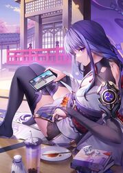  armor book book_stack braid breasts bridal_gauntlets building cleavage condensation drink drinking_straw earbuds earbuds_charging_case earphones elbow_rest expressionless female food from_side full_body genshin_impact glint hair_ornament highres holding holding_phone japanese_clothes kh_(kh_1128) kimono knees_up leaning_back long_hair low-braided_long_hair low-tied_long_hair medium_breasts meta mitsudomoe_(shape) no_shoes phone plate purple_eyes purple_hair purple_kimono purple_nails purple_thighhighs raiden_shogun shoulder_armor shrug_(clothing) sidelocks sitting solo tattoo thighhighs thighs tomoe_(symbol) wireless_earphones 