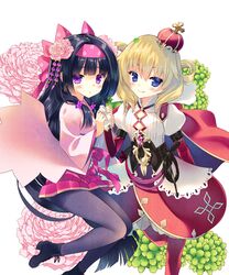  2girls absurdres arched_crown arikawa_satoru bad_id black_footwear black_hair black_legwear blonde_hair blue_eyes blush bow chinese_peony cover_image crown expressionless floral_background floral_print flower flower_knight_girl hair_between_eyes hair_flower hair_ornament hair_rings hairband hairbow highres holding_hands long_hair looking_at_viewer mini_crown multiple_girls name_connection novel_illustration object_namesake official_art onamomi_(flower_knight_girl) pantyhose peony_(flower) pink_bow pink_flower pink_skirt pleated_skirt print_bow purple_eyes red_crown red_legwear red_skirt shakuyaku_(flower_knight_girl) shoes short_hair simple_background skirt smile waist_bow whip white_background 