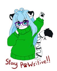  2023 :3 absurd_res ahoge alpha_channel ambiguous_gender antenna_hair anthro black_pawpads blue_hair blue_tongue bodily_fluids cheering chibi clothed clothing dipstick_ears dipstick_tail ear_markings english_text eyewear felid fur gesture glasses green_clothing green_sweater green_topwear green_turtleneck hair hair_heart half-length_portrait happy heart_(marking) heart_ahoge heart_on_body heart_symbol heart_tail hi_res letter_replacement leucistic looking_at_viewer mammal markings meme multicolored_ears multicolored_tail nicholas_c._corbin oversized_clothing pantherine pawpads pawprint_font portrait positive_message poster poster_template purple_eyewear purple_glasses reaction_image simple_background smile smirk smug solo sticker sunglasses sweater tail tail_markings text the_corbin_family therobotickitty tiger tongue topwear transparent_background turtleneck white_body white_fur youtuber 