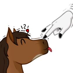  1:1 ambiguous_gender animated boop brown_body brown_hair brown_mane chibi digital_media_(artwork) disembodied_hand dolero duo equid equine feral hair happy heart_symbol horse low_res lumadelun mammal mane question_mark short_playtime side_view solo_focus tongue tongue_out 