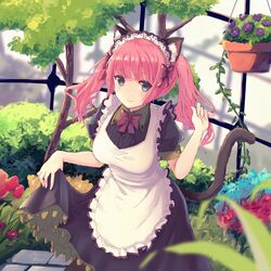  animal_ear_fluff animal_ears apron black_dress blue_eyes blue_flower blurry blurry_foreground bow breasts cat_ears cat_girl cat_tail closed_mouth collared_dress commentary_request depth_of_field dress female flower frilled_apron frills indoors long_hair maid maid_apron medium_breasts nekomo original pink_hair plant potted_plant puffy_short_sleeves puffy_sleeves purple_flower purple_rose red_bow red_flower rose short_sleeves skirt_hold smile solo tail tree twintails white_apron yellow_flower 