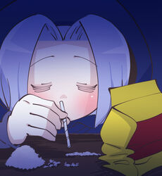  =_= blue_hair blue_hood blush closed_eyes cocaine colored_skin cookie_(touhou) dark drinking_straw drugs female flour flour_(cookie) gram_9 holding_straw hood hood_up kumoi_ichirin long_sleeves parted_bangs short_hair snorting solo touhou upper_body 