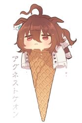  3: agnes_tachyon_(umamusume) animal_ears blush brown_hair chemical_structure chibi commentary_request earrings ears_down female hair_between_eyes highres horse_ears horse_girl horse_tail ice_cream_cone jewelry lab_coat looking_at_viewer melting messy_hair red_eyes shirin_(tsukimiyagura) short_hair simple_background single_earring sleeves_past_fingers sleeves_past_wrists solo tail translated umamusume white_background white_footwear 