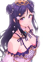  alternate_hairstyle ayumu-k blue_hair blush breasts brooch cleavage commentary_request crown detached_collar detached_sleeves double_bun earrings female hair_bun hair_ornament highres jewelry large_breasts long_hair love_live! love_live!_sunshine!! matsuura_kanan purple_eyes shell_hair_ornament simple_background smile solo star_(symbol) star_hair_ornament upper_body white_background 