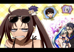  2girls 3boys ahoge angry bare_shoulders bikini black_jacket blue_eyes blue_hair brown_hair brynhildr_(fate) brynhildr_(swimsuit_berserker)_(fate) brynhildr_(swimsuit_berserker)_(first_ascension)_(fate) clenched_teeth collarbone commentary_request earrings eyewear_on_head fate/grand_order fate_(series) fujimaru_ritsuka_(male) fujimaru_ritsuka_(male)_(chaldea_pathfinder) grey_eyes grey_hair hair_ornament highres honchu jacket jewelry letterboxed multicolored_hair multiple_boys multiple_earrings multiple_girls official_alternate_costume prince_of_lan_ling_(fate) side_ponytail sigurd_(fate) sigurd_(memories_with_my_lover)_(fate) sunglasses sweatdrop swimsuit teeth twintails two-tone_hair white_bikini yu_mei-ren_(fate) yu_mei-ren_(swimsuit_lancer)_(fate) 