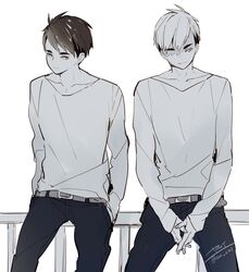  2boys belt belt_buckle black_pants brothers buckle expressionless greyscale haikyuu!! hands_in_pockets highres interlocked_fingers long_sleeves male_focus miya_atsumu miya_osamu monochrome multiple_boys on_railing own_hands_together pants railing short_hair siblings sleeves_past_wrists smile sweater twins yasai_(getsu) 