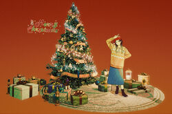  arm_behind_back beige_sweater black_footwear blue_skirt blush boots braid brown_eyes brown_hair carpet chinese_commentary christmas christmas_lights christmas_ornaments christmas_present christmas_tree closed_mouth commentary female gift gradient_background hand_up hat highres long_hair long_skirt long_sleeves looking_at_viewer maionese nutcracker one_eye_closed original red_background red_hat skirt smile solo standing twin_braids twintails unreal_(medium) v wide_shot 