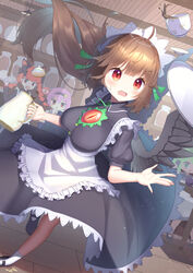  4girls ahoge alternate_costume animal_ears apron bad_id bad_pixiv_id bird_wings black_wings blush_stickers braid breasts brown_hair buttons cat_ears cellphone collared_dress commentary cup dress dutch_angle enmaided extra_ears eyeball floating_hair frilled_apron frills green_eyes green_hair hair_ornament hair_ribbon hairband heart heart_hair_ornament highres holding holding_phone indoors kaenbyou_rin kiramarukou komeiji_koishi komeiji_satori long_dress long_hair looking_at_another looking_up maid maid_apron maid_headdress mary_janes medium_hair multiple_girls neck_ribbon pantyhose phone pink_hair puffy_short_sleeves puffy_sleeves red_eyes red_hair reiuji_utsuho ribbon saucer shoes short_hair short_sleeves smartphone socks solo_focus sprain taking_picture teapot third_eye touhou tray tripping twin_braids underbust waist_apron wing_collar wings 