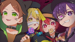  4boys aho_no_sakata blonde_hair brown_hair candy food green_eyes halloween_costume hatoka_ra5 highres male_focus multiple_boys open_mouth purple_eyes purple_hair red_eyes red_hair senra_(utaite) shima_(utaite) shirt simple_background smile urashimasakatasen uratanuki utaite yellow_eyes 