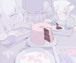  animal_ears bandaid blue_eyes blue_nails cake cat_ears cereal chocolate_cake drink drinking_straw eguchi_saan english_text eyepatch female food hair_between_eyes highres knife knife_in_head medium_hair milk multicolored_hair original plate see-through spoon streaked_hair string_bikini table white_hair 