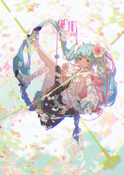  aqua_eyes aqua_flower aqua_hair balabling blue_flower capelet commentary female flower full_body green_flower grin hair_flower hair_ornament hair_ribbon hatsune_miku high_heels highres holding holding_microphone legs_up long_hair looking_at_viewer magical_mirai_(vocaloid) magical_mirai_miku magical_mirai_miku_(2021) medallion microphone midair orange_flower purple_flower red_flower red_ribbon ribbon smile solo twintails vocaloid white_flower yellow_flower 