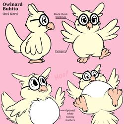  1:1 anthro avian beak bird english_text eyewear feathers featureless_crotch feet glasses male nerd nishi_oxnard orange_beak owl owlnard_(character) pink_background simple_background solo sound_effects talons tan_body tan_feathers text toes white-feathers 