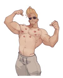  1boy abs alternate_body_hair alternate_facial_hair arm_hair armpit_hair armpits bara biceps blonde_hair chest_hair cropped_legs double_biceps_pose enri_(ceinordraws) facial_hair facing_viewer flaccid flexing foreskin goatee highres johnny_bravo johnny_bravo_(series) large_pectorals lipstick_mark male_focus mature_male muscular muscular_male navel nipples pants pectorals pompadour pubic_hair short_hair solo sparse_navel_hair sunglasses sweatpants tan tanlines thick_thighs thighs topless_male 