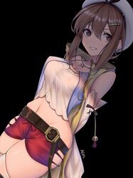  artist_name asil atelier_(series) atelier_ryza atelier_ryza_1 belt beret black_background breasts brown_eyes brown_hair chinese_commentary commentary_request covered_nipples crop_top female hair_between_eyes hair_ornament hairclip hat highres jewelry long_hair looking_at_viewer medium_breasts necklace partial_commentary red_shorts reisalin_stout shorts smile solo tank_top white_tank_top 