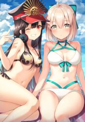  2girls :o ;d ahoge aqua_bow arm_support bare_arms bare_shoulders bikini black_bikini black_hair blonde_hair blue_sky blush bow breasts cleavage collarbone commentary_request day fate/grand_order fate_(series) frilled_bikini frills grin hairbow hat headphones headphones_around_neck highres long_hair looking_at_viewer medium_breasts multiple_girls navel nonono_(nononotea) oda_nobunaga_(fate) oda_nobunaga_(swimsuit_berserker)_(fate) oda_nobunaga_(swimsuit_berserker)_(second_ascension)_(fate) okita_j._souji_(fate) okita_j._souji_(third_ascension)_(fate) okita_souji_(fate) one_eye_closed open_mouth outdoors parted_lips peaked_cap reclining red_eyes red_headwear short_hair sitting sky smile stomach swimsuit teeth thighs v very_long_hair white_bikini 