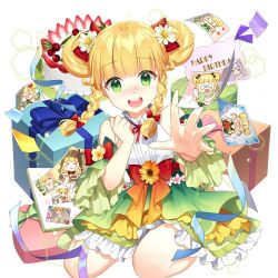  album_cover birthday_cake blonde_hair box braid cake cover double_bun female food frilled_skirt frills gift gift_box green_eyes green_skirt hair_bun off_shoulder painting_(object) red_ribbon ribbon salt_(salty) sapphire_emerald shirt skirt twin_braids twintails uchi_no_hime-sama_ga_ichiban_kawaii waist_ribbon white_shirt 
