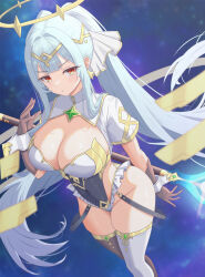  absurdres aqua_hair asymmetrical_legwear blunt_bangs blush breasts brown_gloves brown_thighhighs center-flap_bangs cleavage closed_mouth commentary covered_navel dutch_angle earrings epic_seven female floating_hair frilled_leotard frills gem gloves gold_halo gold_trim gradient_background green_gemstone groin halo hand_up headpiece highres jewelry konjou large_breasts leotard long_hair looking_at_viewer mismatched_legwear night night_sky orange_eyes roana_(epic_seven) shrug_(clothing) sidelocks sky solo spiked_halo star_(sky) star_(symbol) star_earrings thighhighs thighs twintails very_long_hair weapon white_leotard white_shrug white_thighhighs white_wrist_cuffs wrist_cuffs 