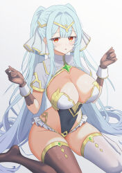  absurdres aqua_hair asymmetrical_legwear blunt_bangs blush breasts brown_gloves brown_thighhighs center-flap_bangs cleavage commentary covered_navel earrings epic_seven female floating_hair frilled_leotard frills gem gloves gold_trim green_gemstone hair_spread_out hands_up headpiece highres jewelry konjou large_breasts leotard long_hair looking_at_viewer mismatched_legwear open_mouth orange_eyes roana_(epic_seven) shrug_(clothing) sidelocks sitting solo star_(symbol) star_earrings thighhighs thighs twintails very_long_hair wariza white_leotard white_shrug white_thighhighs white_wrist_cuffs wrist_cuffs 
