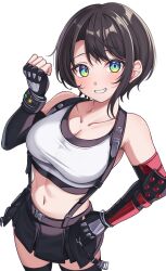  alternate_breast_size aqua_eyes black_gloves black_hair black_skirt black_thighhighs bob_cut bracer breasts chameleon_(chameleon0613) cleavage clenched_hands collarbone commentary_request cosplay crop_top elbow_gloves female final_fantasy final_fantasy_vii final_fantasy_vii_remake fingerless_gloves gloves grin hand_on_own_hip hand_up highres hololive large_breasts looking_at_viewer materia midriff miniskirt navel oozora_subaru short_hair simple_background skirt smile solo stomach suspender_skirt suspenders tank_top thighhighs tifa_lockhart tifa_lockhart_(cosplay) virtual_youtuber white_background white_tank_top zettai_ryouiki 