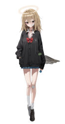  absurdres bandaid bandaid_on_neck black_eyes blonde_hair breasts broken_halo cardigan condom condom_wrapper cut-here_line fallen_angel female full_body gauze gauze_on_face halo hand_in_pocket highres long_hair looking_at_viewer low_wings mansu_(user_pnmp4287) neck_tattoo original pleated_skirt school_uniform scissor_tattoo single_wing skirt small_breasts solo tattoo white_background wings 