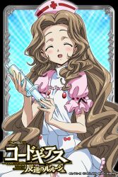  alternate_costume artist_request blue_background blush brown_hair card_(medium) closed_eyes code_geass cosplay cross female frills hat long_hair nunnally_vi_britannia nurse nurse_cap official_art puffy_sleeves red_cross smile solo syringe wavy_hair 