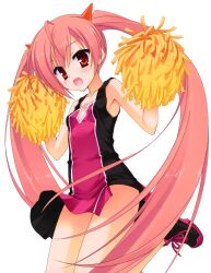  absurdres bare_shoulders cheerleader female hidan_no_aria highres horn_hair_ornament kanzaki_h._aria kobuichi long_hair oerba_yun_fang pink_hair pom_pom_(cheerleading) red_eyes scan shoes smile sneakers solo twintails very_long_hair 