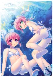  2girls :d :o absurdres air_bubble alpha_(yukai_na_nakamatachi) barefoot bikini bubble feet fish freediving front-tie_top green_eyes highres multiple_girls open_mouth original photoshop_(medium) pink_hair ponytail purple_eyes scan siblings side-tie_bikini_bottom sisters smile soles swimming swimsuit table_of_contents takanashi_sui takanashi_yui toes twins underwater water white_bikini 