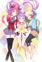  3girls argyle_background bad_id bad_pixiv_id black_legwear blue_shirt brooch brown_eyes cheria_barnes full_body jewelry leggings long_hair lying maruishi multicolored_hair multiple_girls official_alternate_costume on_side one_eye_closed pascal_(tales) pink_hair purple_eyes purple_hair purple_skirt red_hair shirt short_hair shorts skirt smile sophie_(tales) sophie_(toast_of_the_town)_(tales) spandex tales_of_(series) tales_of_graces thighhighs twintails two-tone_hair two_side_up white_hair white_shorts zettai_ryouiki 