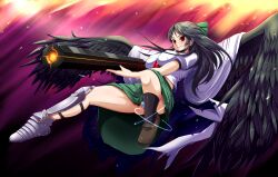  alternate_weapon arm_cannon armor black_wings bow breasts cape commentary_request female glowing glowing_weapon green_bow green_skirt hairbow highres large_breasts long_hair panties pantyshot red_eyes reiuji_utsuho safurantora sharp_teeth shirt short_sleeves skirt smirk solo space striped_clothes striped_panties teeth third_eye touhou underwear upskirt weapon wings 