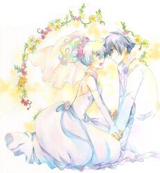  1boy commentary_request couple dress female flower formal nia_teppelin photoshop_(medium) satsu simon_(ttgl) straight suit tengen_toppa_gurren_lagann wedding_dress white_suit 