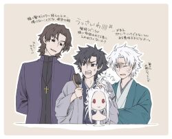  3boys amemiya_saiga anger_vein black_eyes black_hair brown_hair commentary_request emiya_kiritsugu fate/stay_night fate/zero fate_(series) hair_brush haori illyasviel_von_einzbern japanese_clothes kimono kotomine_kirei male_focus mannequin matou_kariya multiple_boys translation_request white_hair wince 